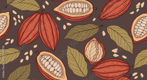 Seamless pattern depicts cocoa pods, loose beans, and large leaves in an earthy color palette on a dark background for chocolate themes.