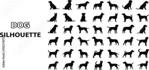 Mega set of black dog silhouettes isolated on white background, various canine breeds in sitting standing and walking poses, vector illustration,
