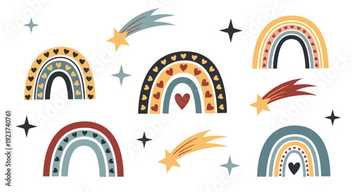 Whimsical set of boho rainbows, stars, and colorful shooting stars is arranged in a playful and modern layout for children and nursery.
