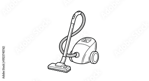 Line drawing of a classic canister vacuum cleaner with a long hose and floor nozzle head on a plain white background.