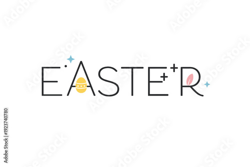 Easter typography. Minimal Easter wordmark with geometric letterforms and subtle seasonal symbols integrated into the text. Calm modern