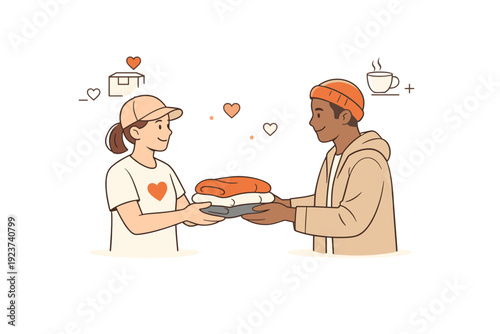 Charity support illustration. A volunteer handing food or clothing to another person, with gentle smiles and respectful distance. Thoughtful, human-centered