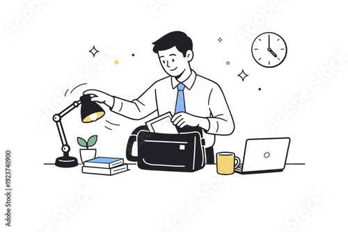 End of workday. Office worker packing a bag and turning off a desk lamp. Quiet transition from focused work to personal time, relaxed
