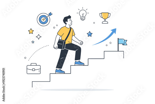 Career growth concepts with people. Person climbing simple abstract steps with confidence, calm progress toward goals. Arrows, stars, and