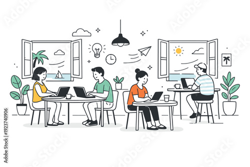 Coworking spaces with summer vibes. Bright shared workspace with people working near open windows, light breeze suggested by soft motion