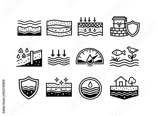 Groundwater Protection. Line outline icon set of Groundwater Protection: underground water