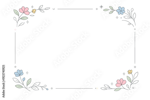 Minimal botanical border. Fine line flowers and leaves forming a rectangular frame with plenty of white space inside. Gentle, refined