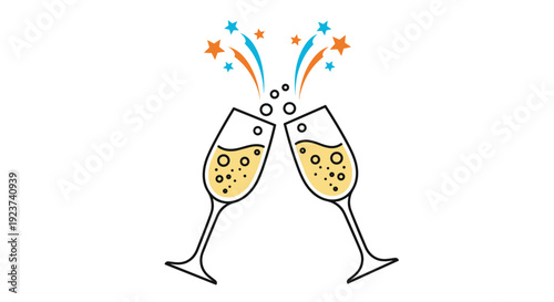 Two elegant champagne glasses clinking in a festive toast with golden bubbles and colorful stars floating above.