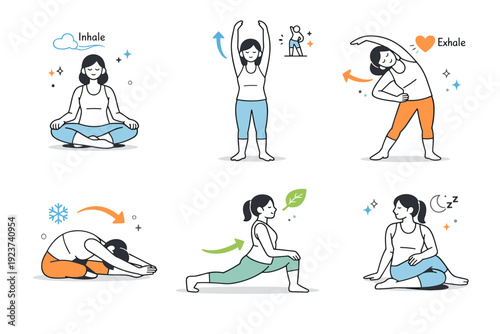 Stretching routines for cold seasons ? Simple full-body stretch routine. Person following a calm sequence of movements, arrows and icons showing flow, relaxed