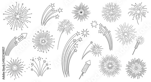 Large variety of hand drawn firework icons including rockets, starbursts, and shooting stars in simple lines.