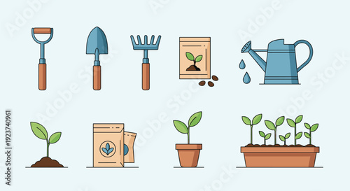 Set of colorful gardening icons featuring tools, seeds, a watering can, and young sprouts in soil and pots.