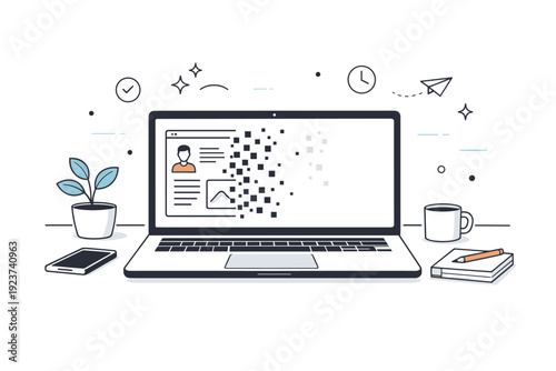 Ephemeral digital life. Desk scene with a laptop showing content that gently erases itself, leaving a clean screen behind. Digital minimalism