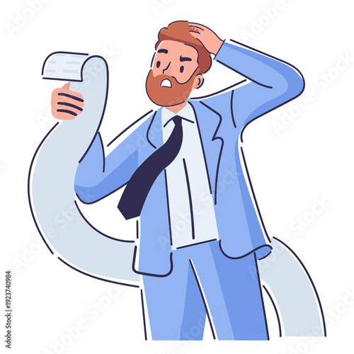 Businessman reacting with intense shock and stress to high-cost invoice or financial statement