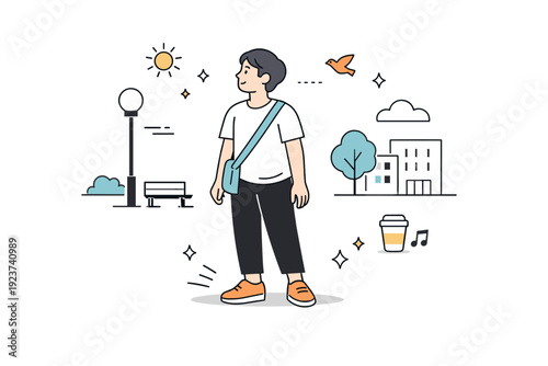 Observing surroundings in everyday life. A figure pauses mid-walk, looking around without urgency, hands relaxed. Moment of noticing and presence within