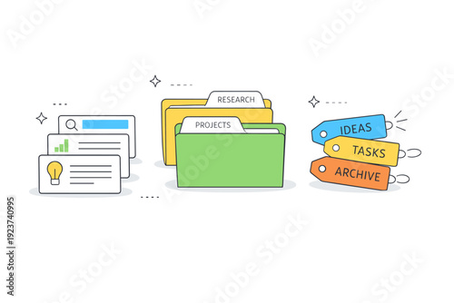 Knowledge organization system. Cards, folders, and tags arranged neatly on a clean surface, showing clarity, categorization, and control over