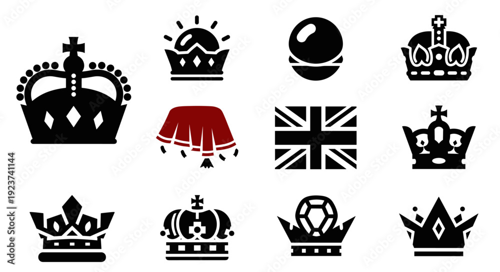 Obraz premium Royal crown silhouettes and british symbols collection