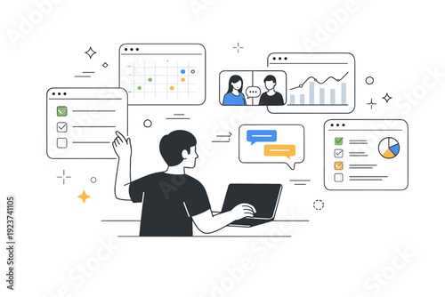 Virtual offices. A person managing tasks across multiple floating windows and dashboards in an abstract online workspace. The mood is focused, organized, and