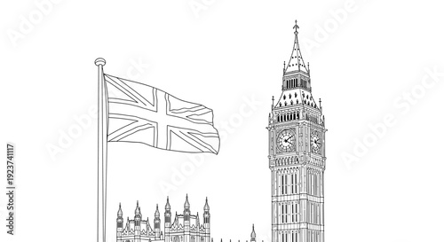 Big ben and union flag line art: iconic london landmark illustration