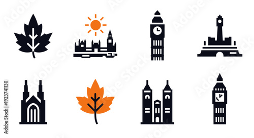 Icon set featuring famous city landmarks and autumn leaves in flat design