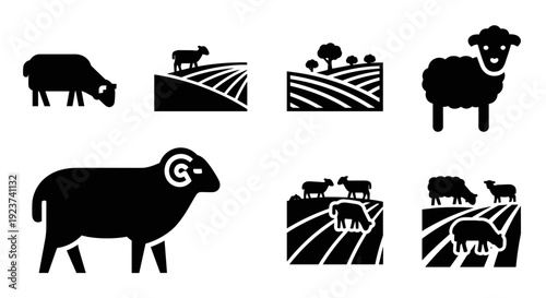 Silhouette sheep and farm landscape icons set in black and white