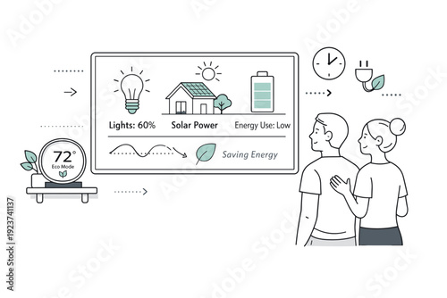 Smart home energy awareness. A calm editorial scene with a smart thermostat, light icons, and energy indicators displayed on a wall screen,