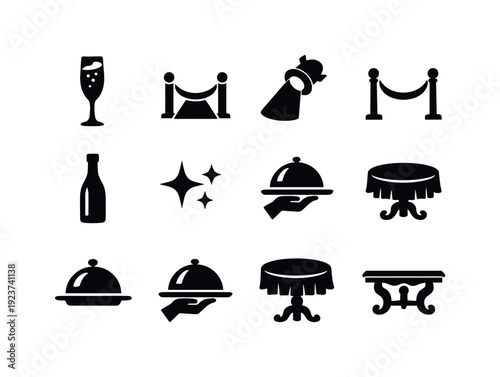 Luxury event drinks. Filled icon set of Luxury event drinks: champagne flute, red carpet