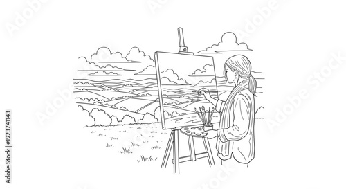 Artist painting landscape on easel with scenic view in line art style