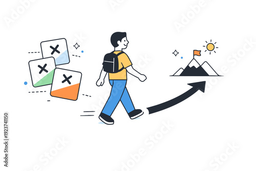 Saying no visually. Character choosing a clear path away from multiple option cards marked with small crosses. Intentional choice and confident prioritization.
