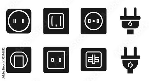 Set of black electrical plug and socket icons in minimalist style