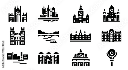 Iconic landmarks silhouette collection featuring urban architecture and historical buildings