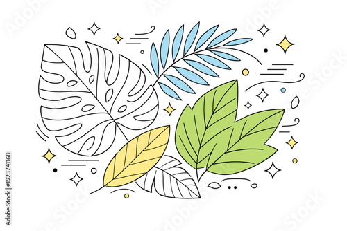 Tropical foliage texture. Overlapping tropical leaves with visible veins and subtle abstract stars and motion lines emphasizing freshness, calm energy, and