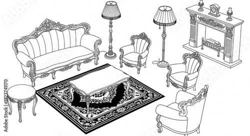 Elegant living room furniture arrangement featuring sofa, chairs, lamps, and a coffee table on a patterned rug.