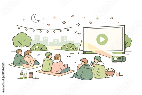 Spring Movie Night. Open-air movie night in spring. A projector casting light onto a screen in a small park, people wrapped in light jackets with drinks