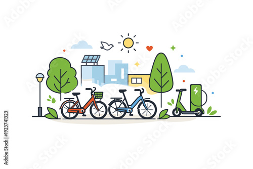 Spring urban lifestyle compact street scene with bicycles and trees integrated into the city space, symbolizing sustainability, movement and fresh energy. A