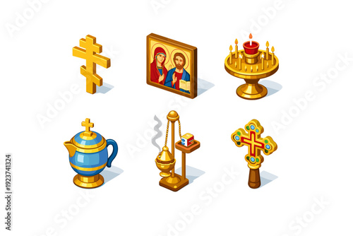 Orthodox symbols. Isometric flat vector icons set of orthodox symbols: orthodox cross, painted icon panel, vigil candle holder, holy water