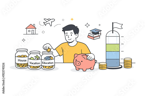 Saving Goals. Personal finance ? saving goals. A character setting aside money with jars, piggy bank, or progress indicators, symbolizing future planning and