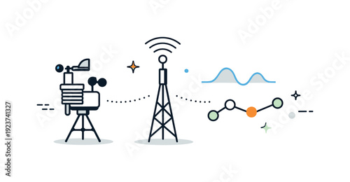 Weather station transmits data via tower to analysis graph and waveform
