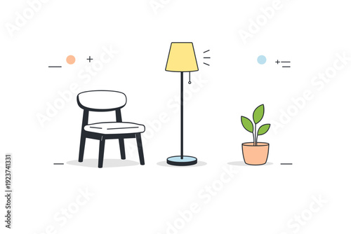 Quiet interior still life. A chair, floor lamp, and small plant arranged with generous space, calm and uncluttered atmosphere. Peaceful