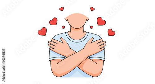 A faceless person in a light blue t-shirt hugs their own shoulders as several red heart shapes float around them, Generative AI.