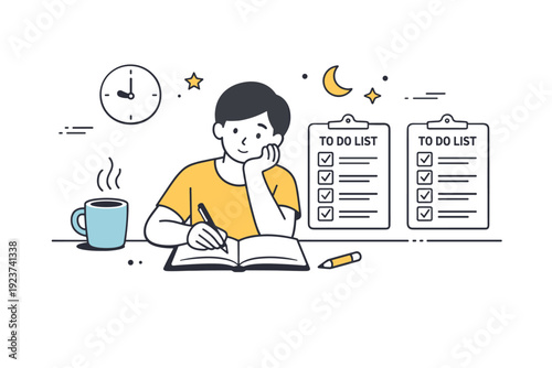 Repeating daily patterns. End-of-day reflection moment with a person journaling or reviewing a to-do list that looks the same as yesterday?s.