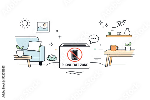 Phone-free zone concept. A calm home setting with a visible ?no phone? sign or box placed near a couch or desk, showing commitment to digital boundaries.