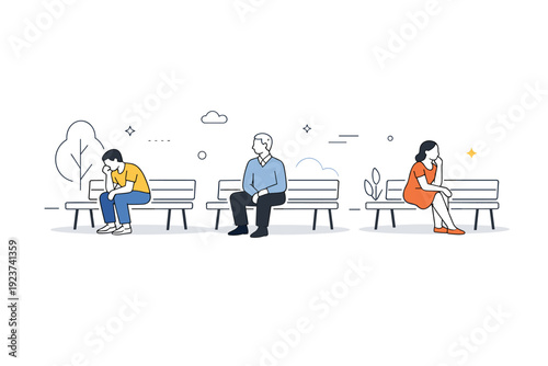 Peaceful Park Reflection. Waiting on benches in a park. Individuals sit apart on long benches, surrounded by light abstract hints of trees or air, resting or