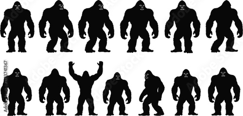Set of black gorilla silhouettes isolated on white background, powerful ape and primate figures in various standing and walking poses,