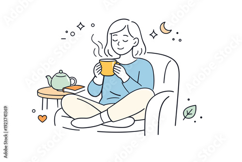Self care routines with people. A person enjoys a quiet tea break, sitting comfortably with a warm cup in hands. Slow, mindful pause with