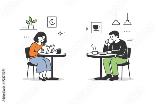 Quiet corners of a cafe. Unknown people sharing the same cafe space, one reading, another sipping coffee. Warm but restrained mood, gentle