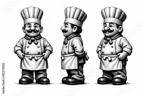 Chef figurine wearing a tall toque hat and apron shown from front view, side view, and three-quarter view as a single object set with