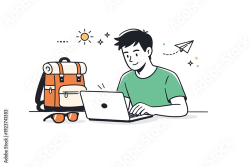 Focused work before outdoor activities. Person finishing tasks on a laptop while a backpack and sunglasses wait nearby, capturing motivation before heading