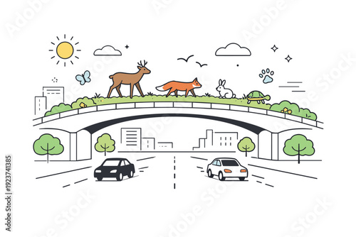 Urban wildlife crossings design. A calm editorial scene showing an overpass bridge with greenery and small animals crossing above a city road, symbolizing safe