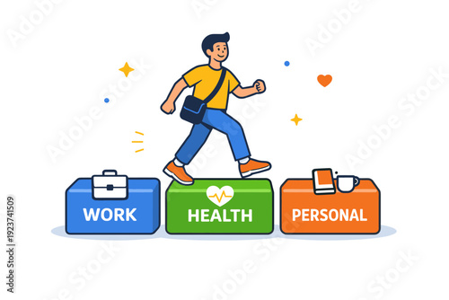 Daily Success Routine. Setting up a daily routine for success visualized as a single character confidently stepping through neatly organized blocks