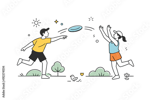 Playful park activity with frisbee. A minimalist scene shows a frisbee mid-air between players, with abstract shapes highlighting motion and fun. The mood